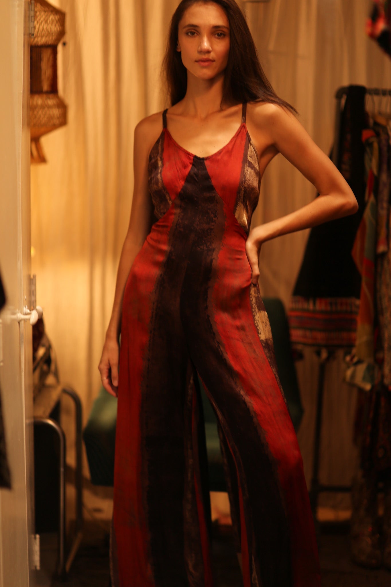 SILK JUMPSUIT NEIS RED BROWN STRIPE - MOMO STUDIO BERLIN - Berlin Concept Store - sustainable & ethical fashion
