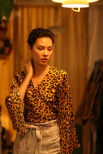 SILK WRAP TOP AURELIA DARK YELLOW LEOPARD - MOMO STUDIO BERLIN - Berlin Concept Store - sustainable & ethical fashion