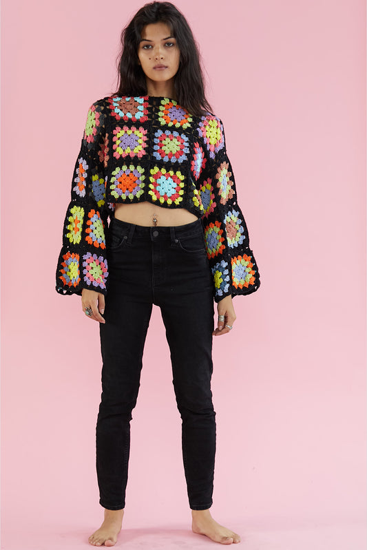 HAND KNIT TOP CROCHET ROSE
