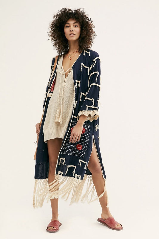 MOMO FREE PEOPLE Amelia Crochet Fringe Kimono