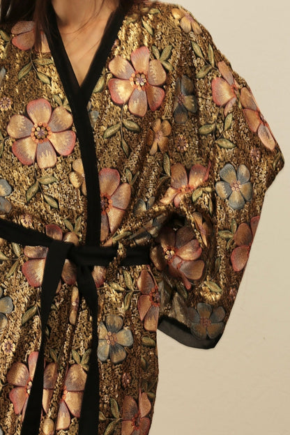 BLACK SEQUIN EMBROIDERED FLOWER KIMONO - sustainably made MOMO NEW YORK sustainable clothing, Embroidered Kimono slow fashion