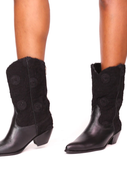 BLACK SILK COTTON EMBROIDERED LEATHER BOOTS DORO - sustainably made MOMO NEW YORK sustainable clothing, boots slow fashion