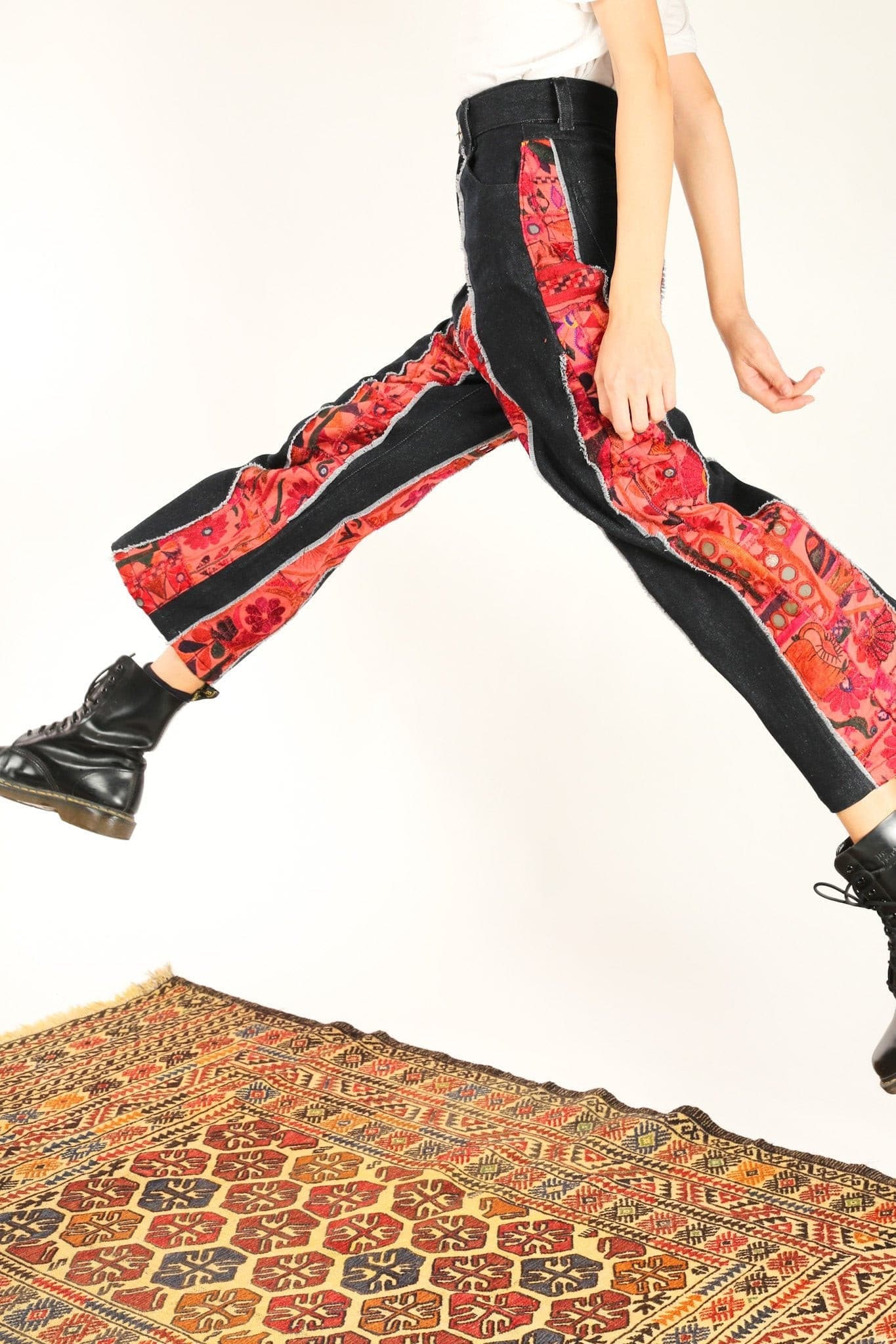 DENIM PANTS EMBROIDERED PATCHWORK VICKY - sustainably made MOMO NEW YORK sustainable clothing, fall22 slow fashion
