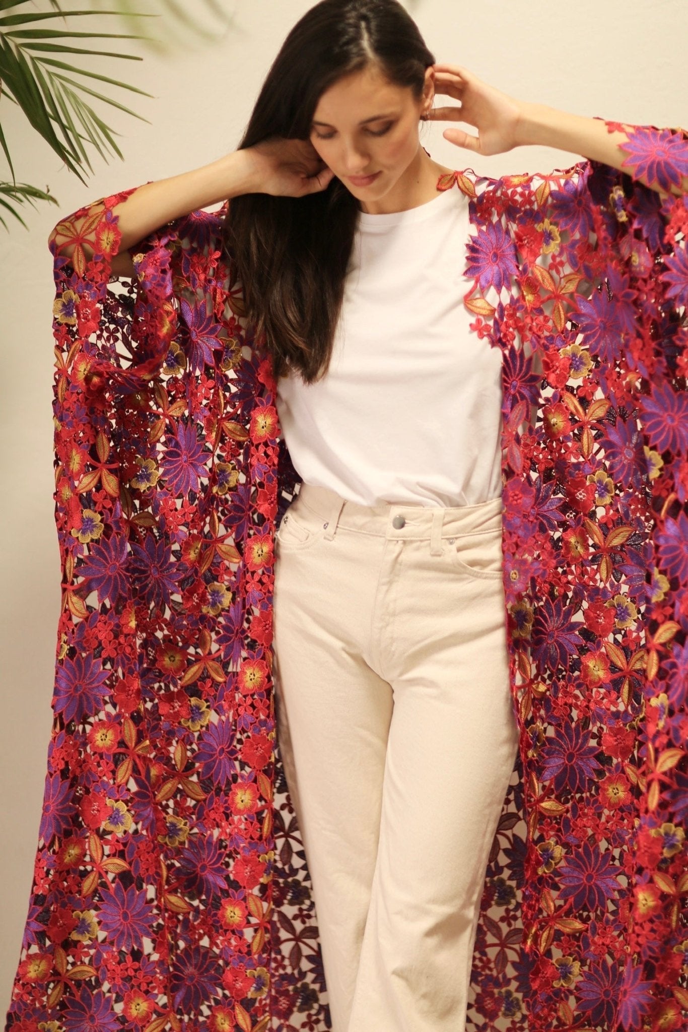 DIONYSUS FLOWER LACE KIMONO - sustainably made MOMO NEW YORK sustainable clothing, Embroidered Kimono slow fashion