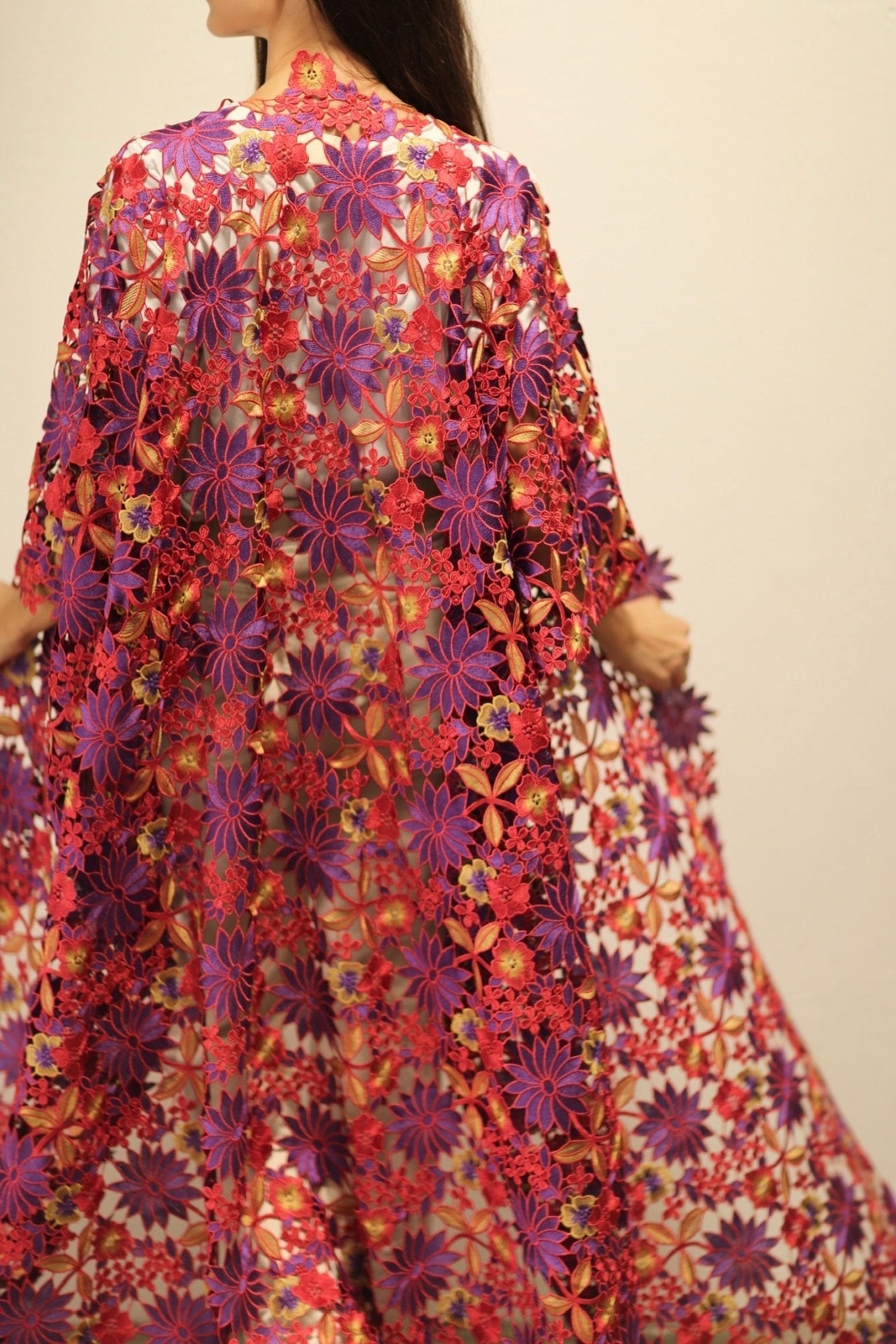 DIONYSUS FLOWER LACE KIMONO - sustainably made MOMO NEW YORK sustainable clothing, Embroidered Kimono slow fashion