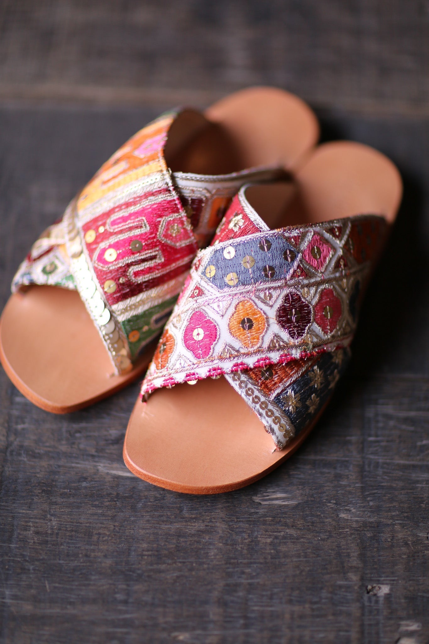 EMBROIDERED LEATHER SLIP ON SANDALS TRIBECA - sustainably made MOMO NEW YORK sustainable clothing, sandals slow fashion