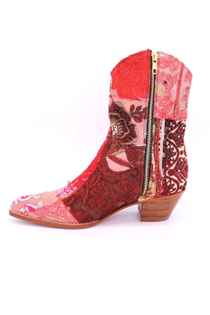 EMBROIDERED PATCHWORK ANKLE BOOTS GINALYN (RED) - MOMO NEW YORK