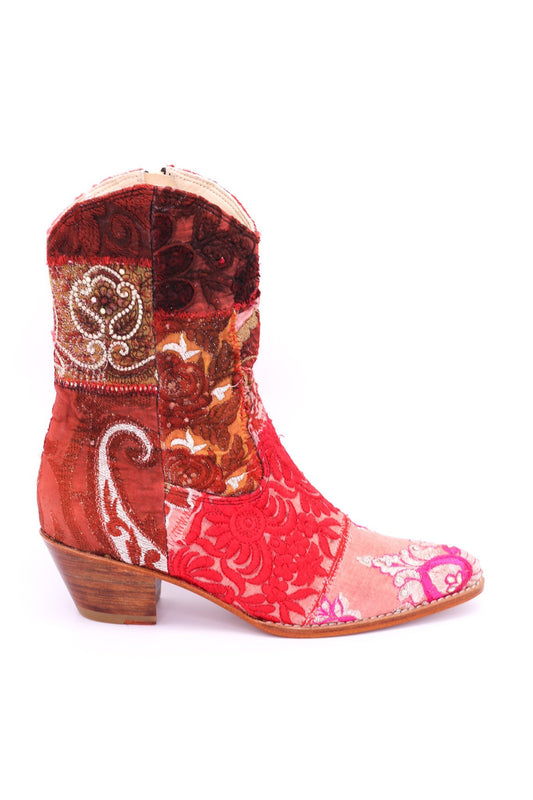 EMBROIDERED PATCHWORK ANKLE BOOTS GINALYN (RED) - MOMO NEW YORK