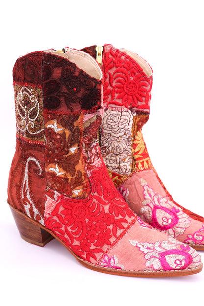 EMBROIDERED PATCHWORK ANKLE BOOTS GINALYN (RED) - MOMO NEW YORK