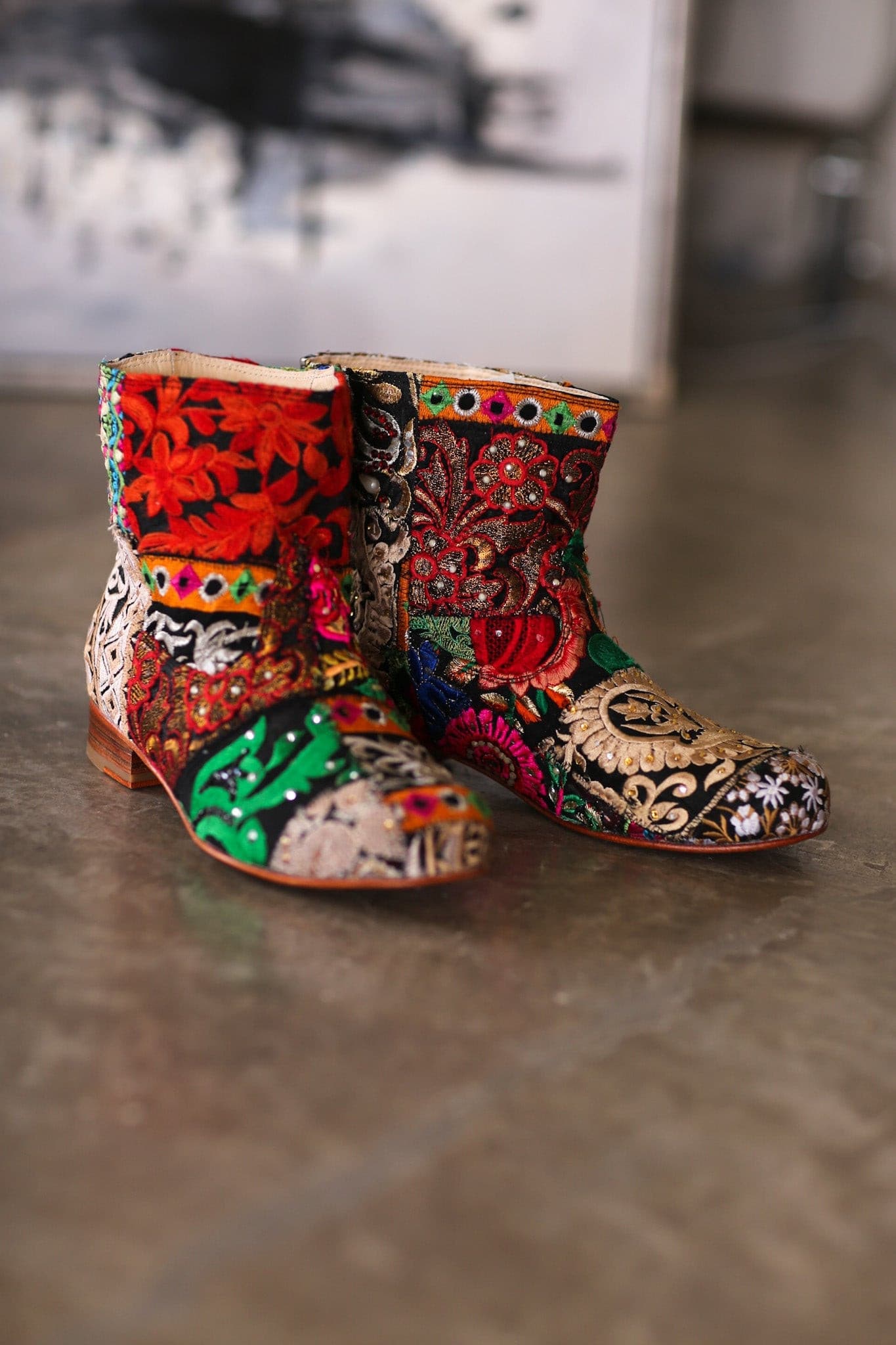 EMBROIDERED PATCHWORK BOOTS ROMY - sustainably made MOMO NEW YORK sustainable clothing, boots slow fashion