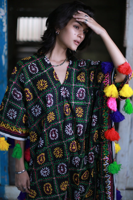 EMBROIDERED POM POM KAFTAN DRESS SIMPY MOMO NEW YORK