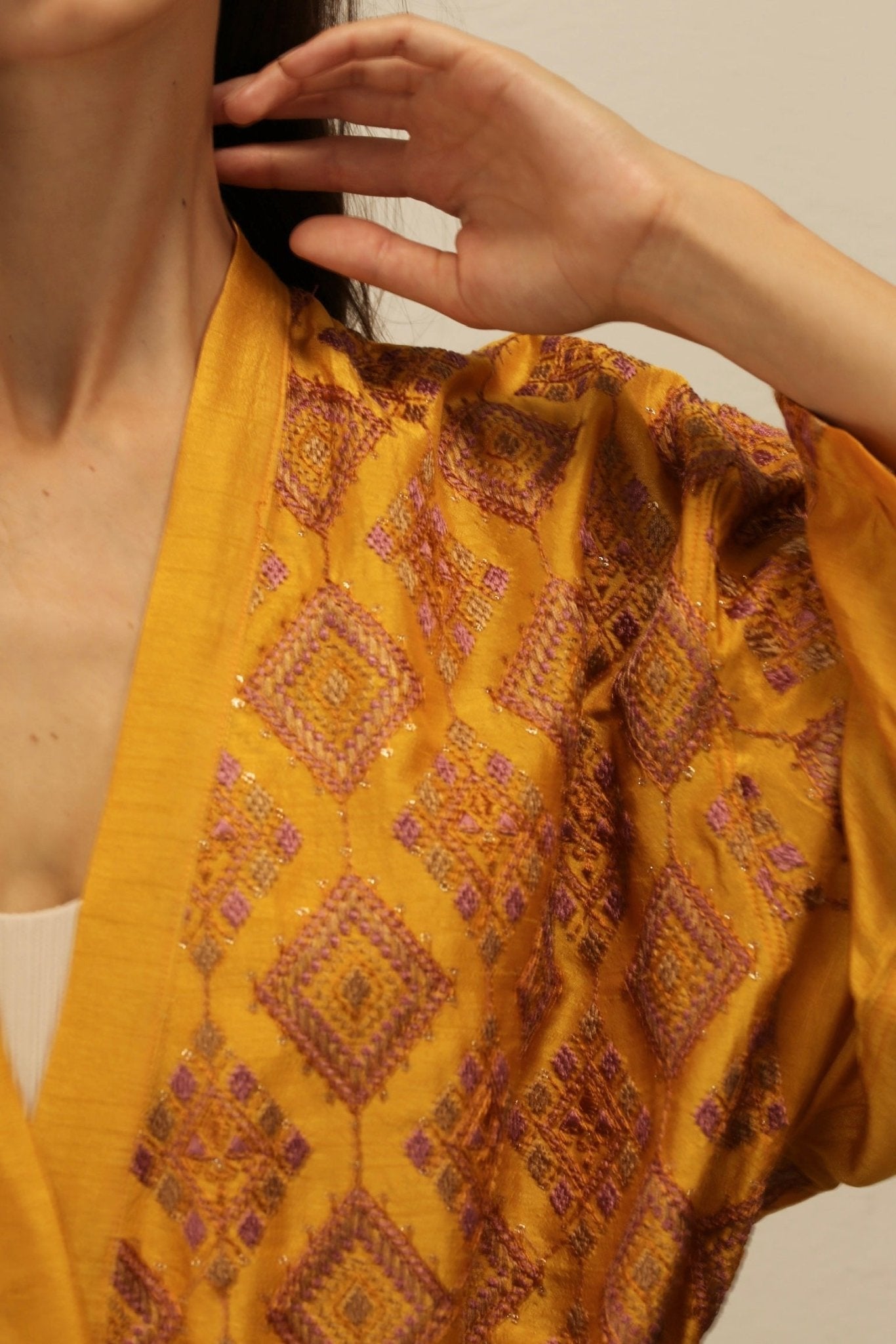 EUPHROSYNE SILK EMBROIDERED KIMONO - sustainably made MOMO NEW YORK sustainable clothing, Embroidered Kimono slow fashion