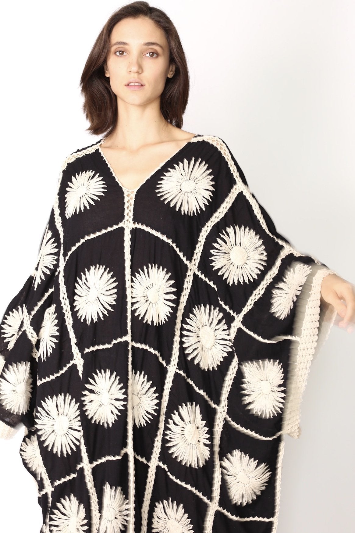 FLORA CROCHET KAFTAN X FREE PEOPLE (BLACK) - sustainably made MOMO NEW YORK sustainable clothing, crochet slow fashion
