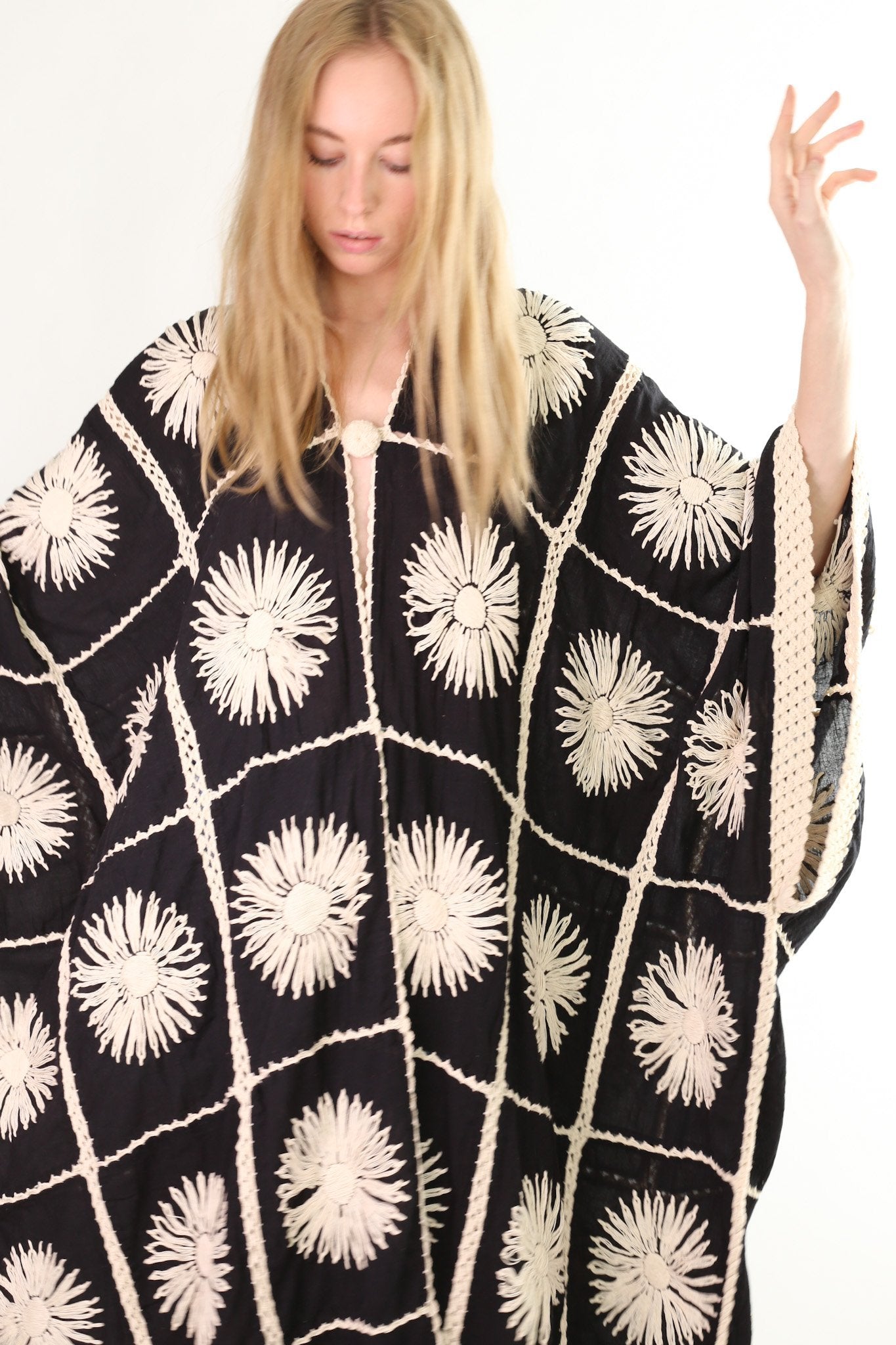 FLORA CROCHET KIMONO DUSTER BLACK MOMO NEW YORK