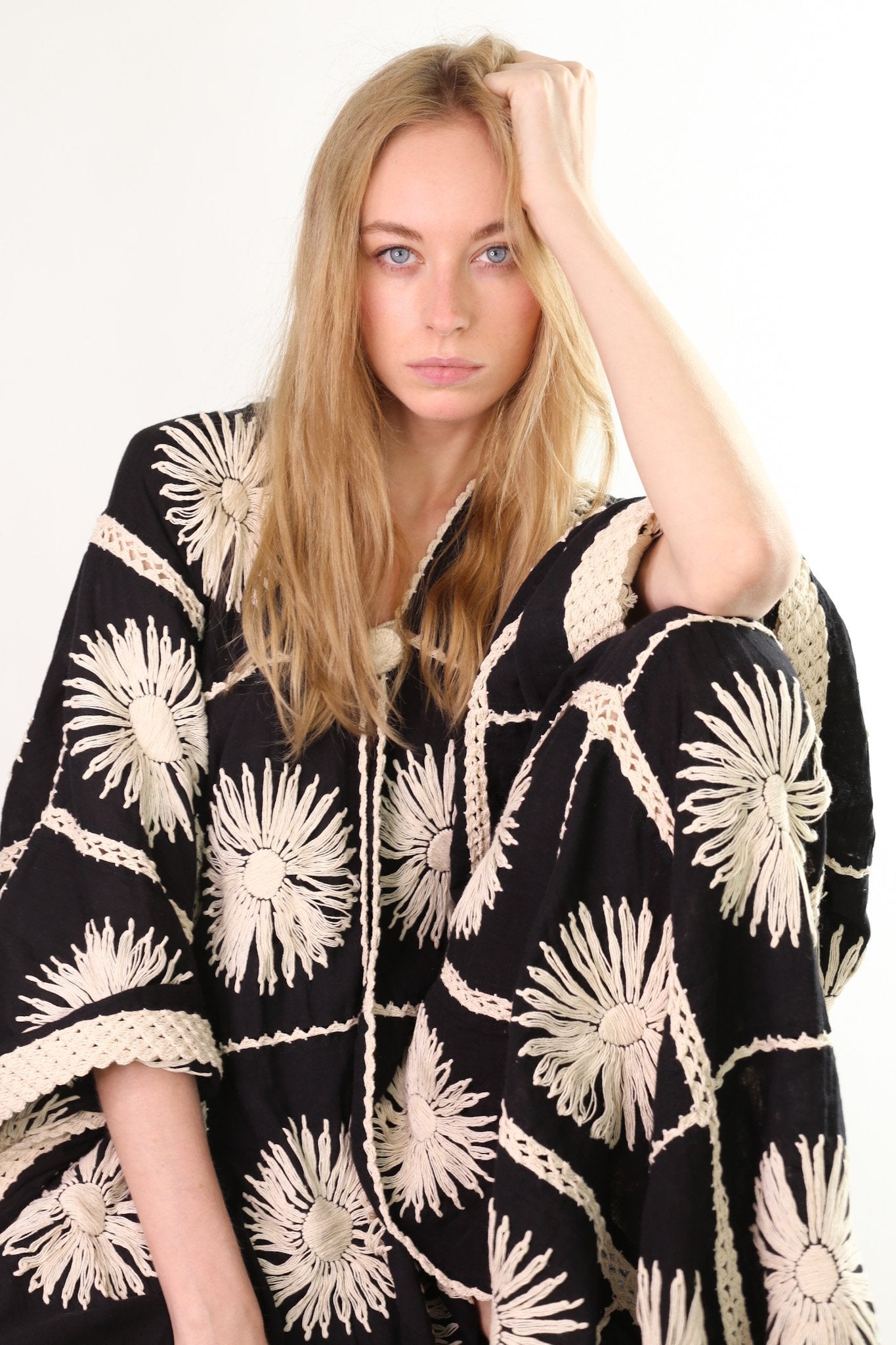 FLORA CROCHET KIMONO DUSTER BLACK MOMO NEW YORK