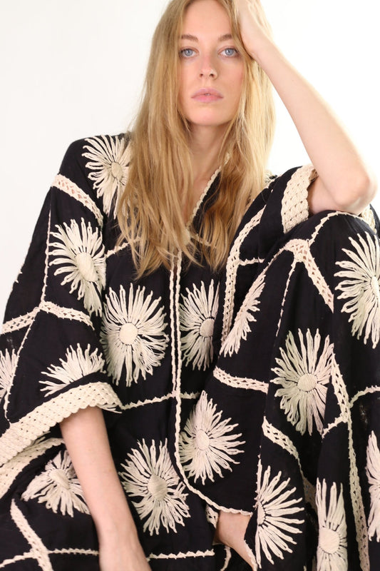 FLORA CROCHET KIMONO DUSTER BLACK MOMO NEW YORK