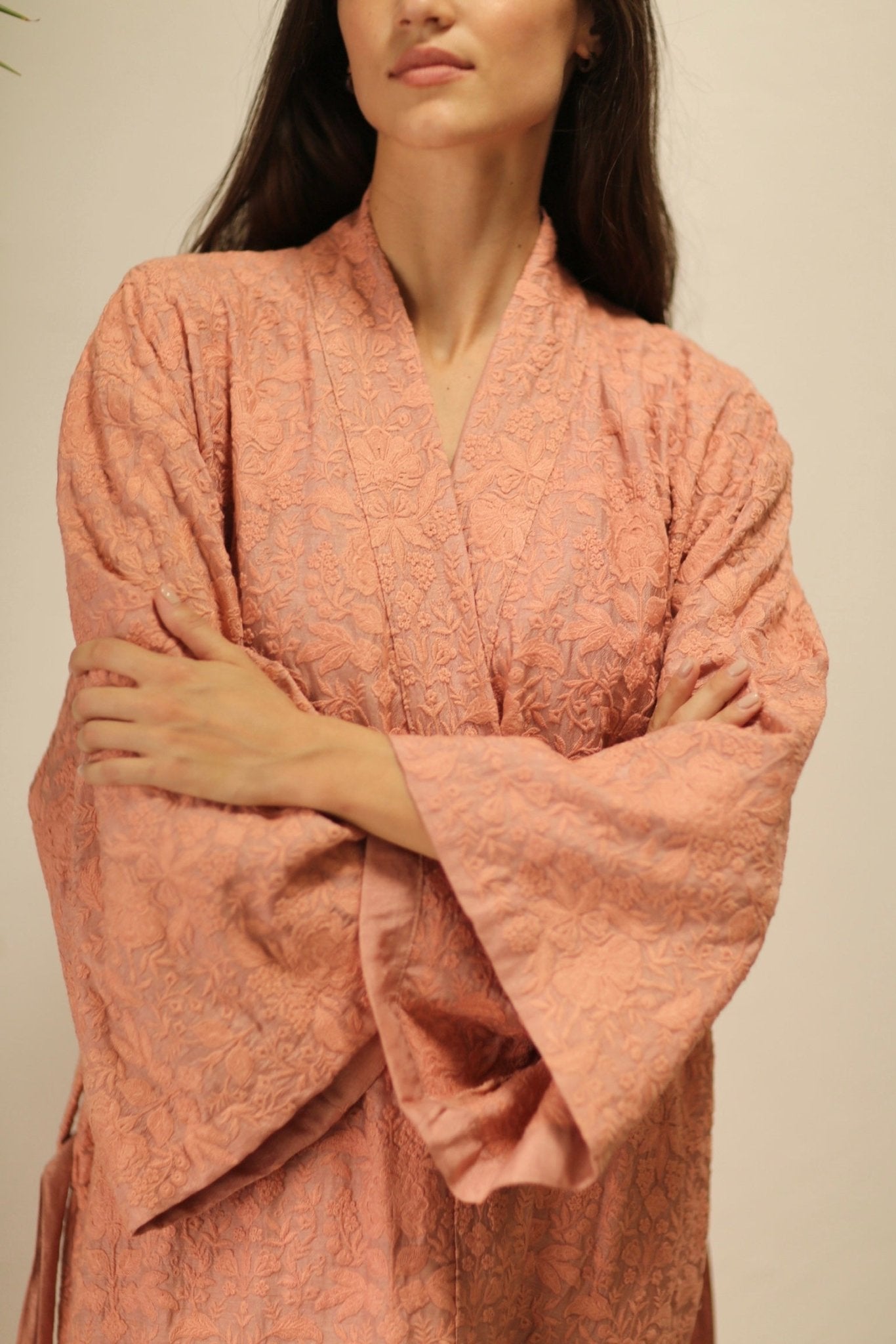HERA PEACH PINK TUSSER SILK FLOWER KIMONO - sustainably made MOMO NEW YORK sustainable clothing, kimono slow fashion