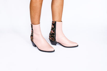 Nude/ Pink Velvet Embroidered Ankle Boots Sophie