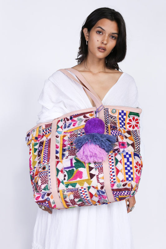 MOMONEWYORK Free People Embroidered patchwork tote marlowe