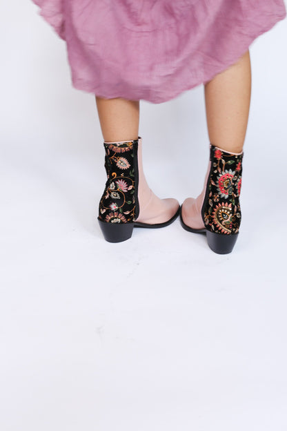 Nude/ Pink Velvet Embroidered Ankle Boots Sophie