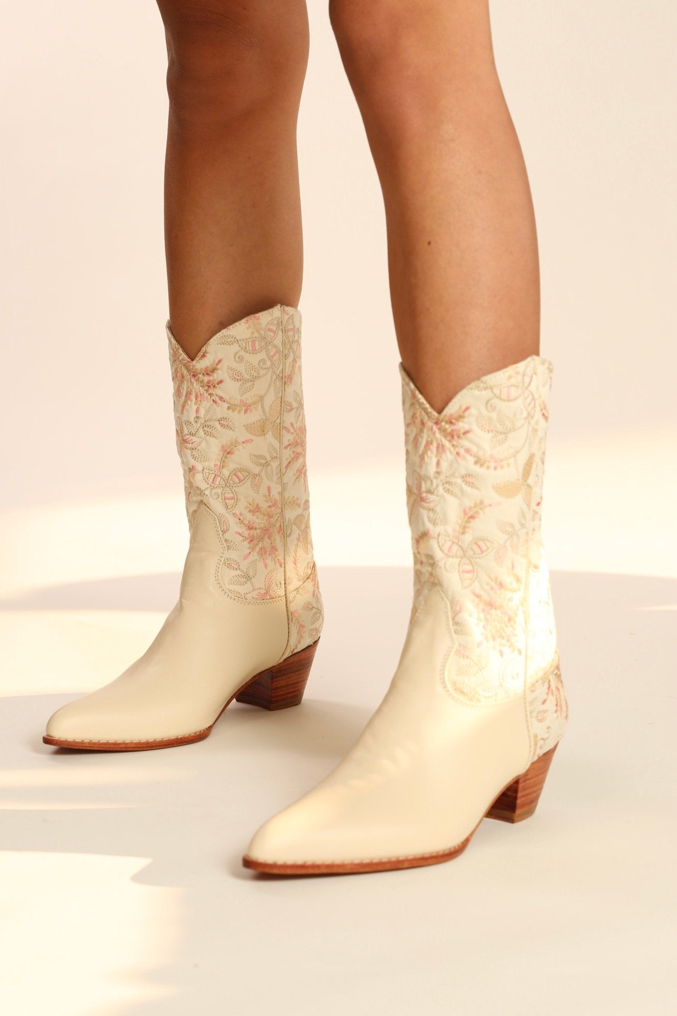 IVORY PINK FLOWER LEAF EMBROIDERED WESTERN BOOTS CHINELO - sustainably made MOMO NEW YORK sustainable clothing, boots slow fashion
