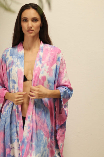 LITTLE TWIN PINK / BLUE TIE DYE KIMONO - sustainably made MOMO NEW YORK sustainable clothing, kimono slow fashion