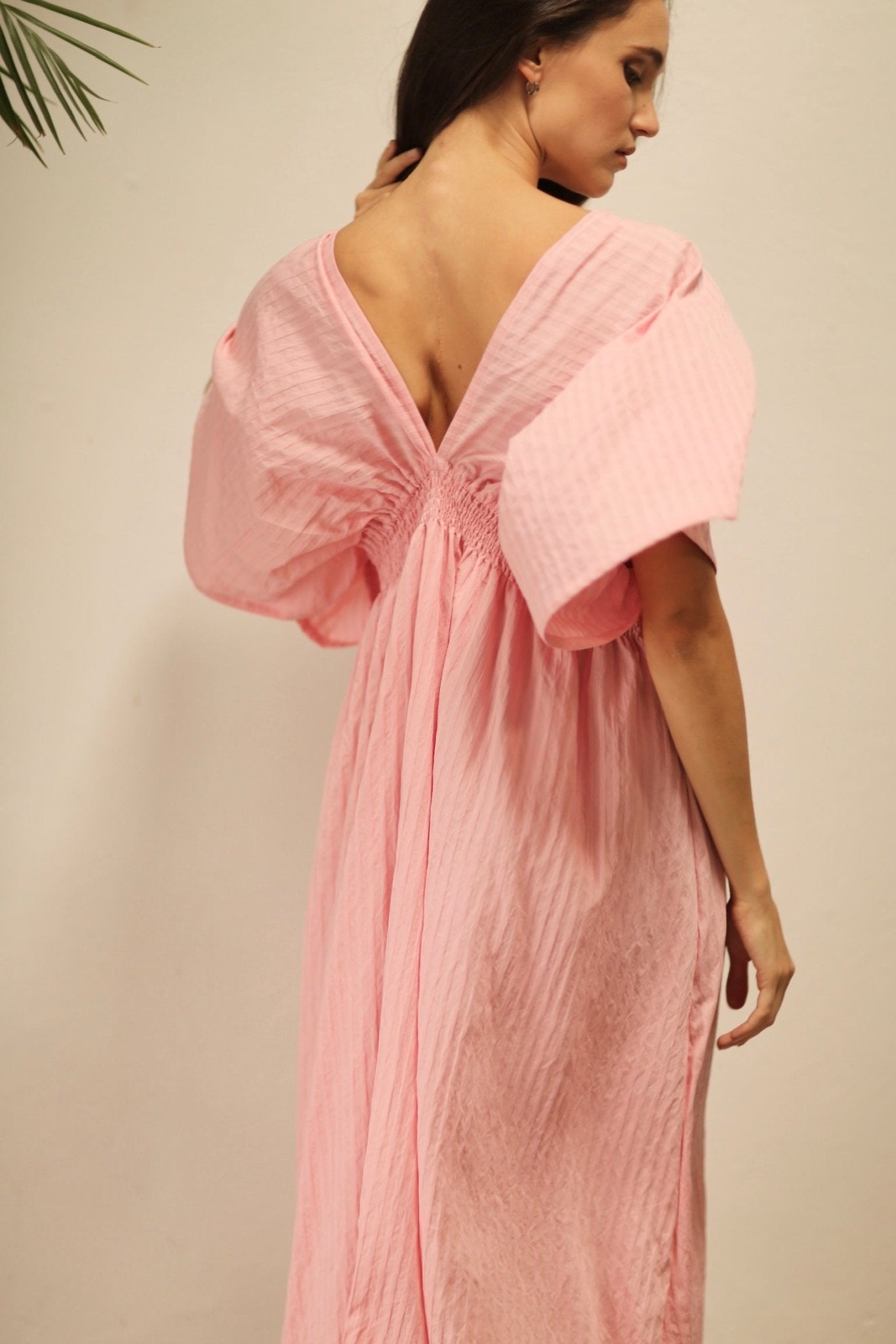 MELANTHIOS PINK COTTON V-NECK DRESS - BANGKOK TAILOR CLOTHING STORE - HANDMADE CLOTHING