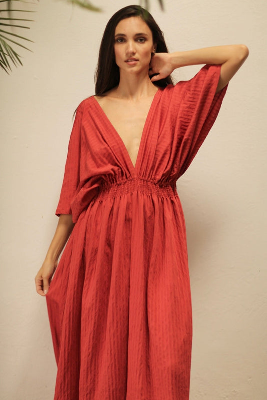 MELANTHIOS RED COTTON V-NECK DRESS - BANGKOK TAILOR CLOTHING STORE - HANDMADE CLOTHING