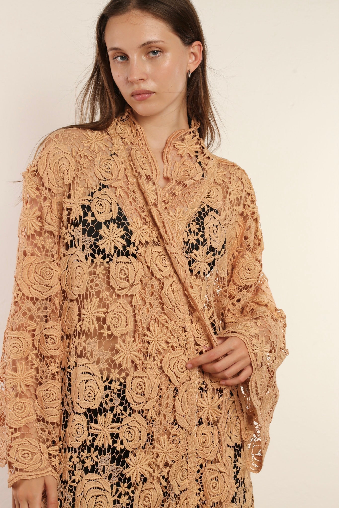 NUDE PINK COTTON LACE KIMONO INGE - sustainably made MOMO NEW YORK sustainable clothing, kimono slow fashion