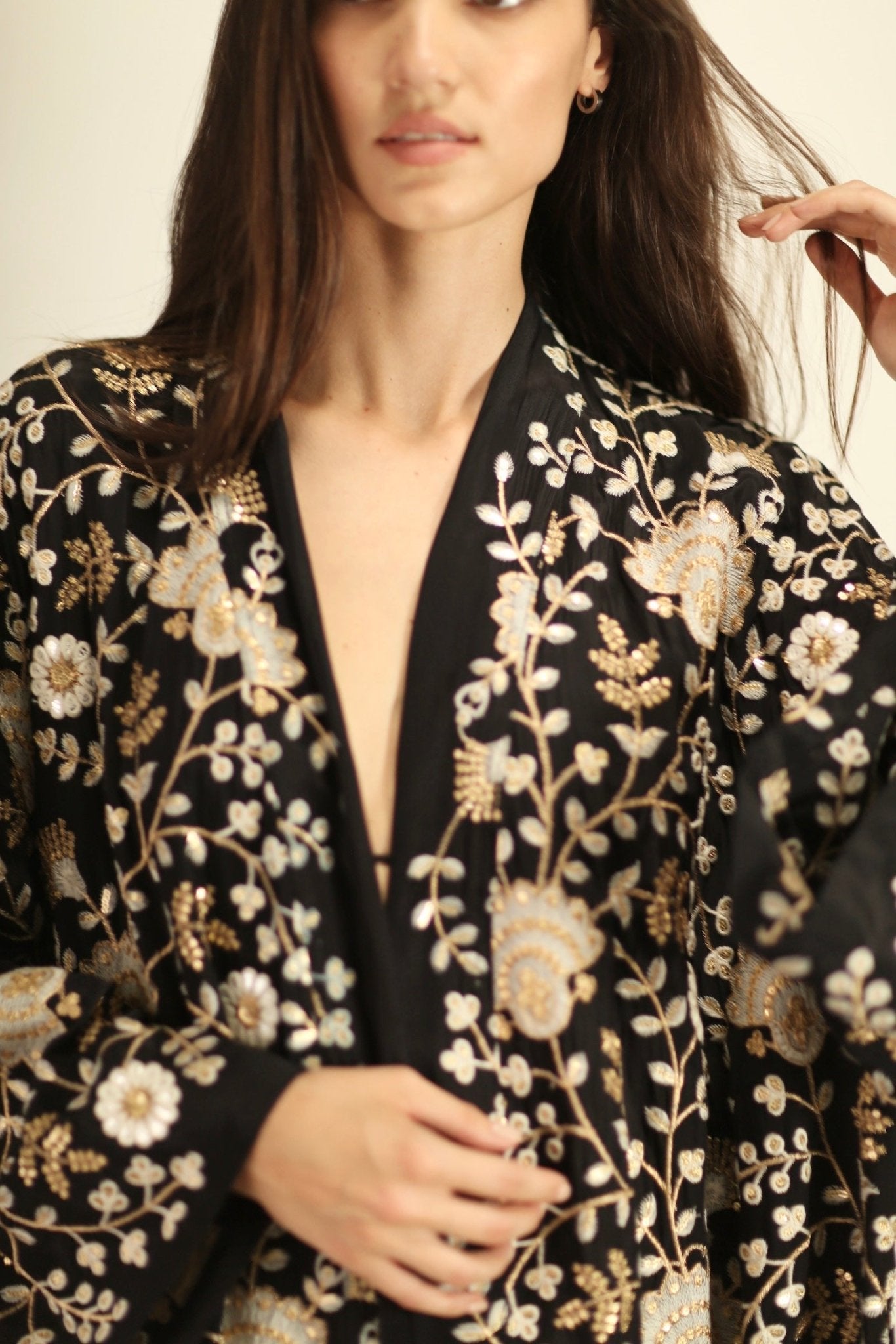 PAN FLOWER EMBROIDERED CHIFFON SILK KIMONO - sustainably made MOMO NEW YORK sustainable clothing, kimono slow fashion