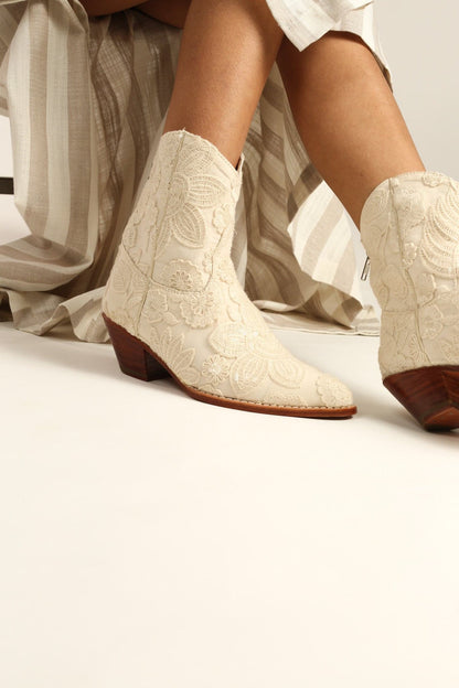 SHORT CREME LACE EMBROIDERED BOOTS NADY - sustainably made MOMO NEW YORK sustainable clothing, boots slow fashion