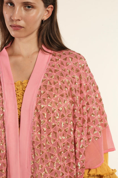 TRIANGLE GOLDEN PINK SILK KIMONO - sustainably made MOMO NEW YORK sustainable clothing, kimono slow fashion