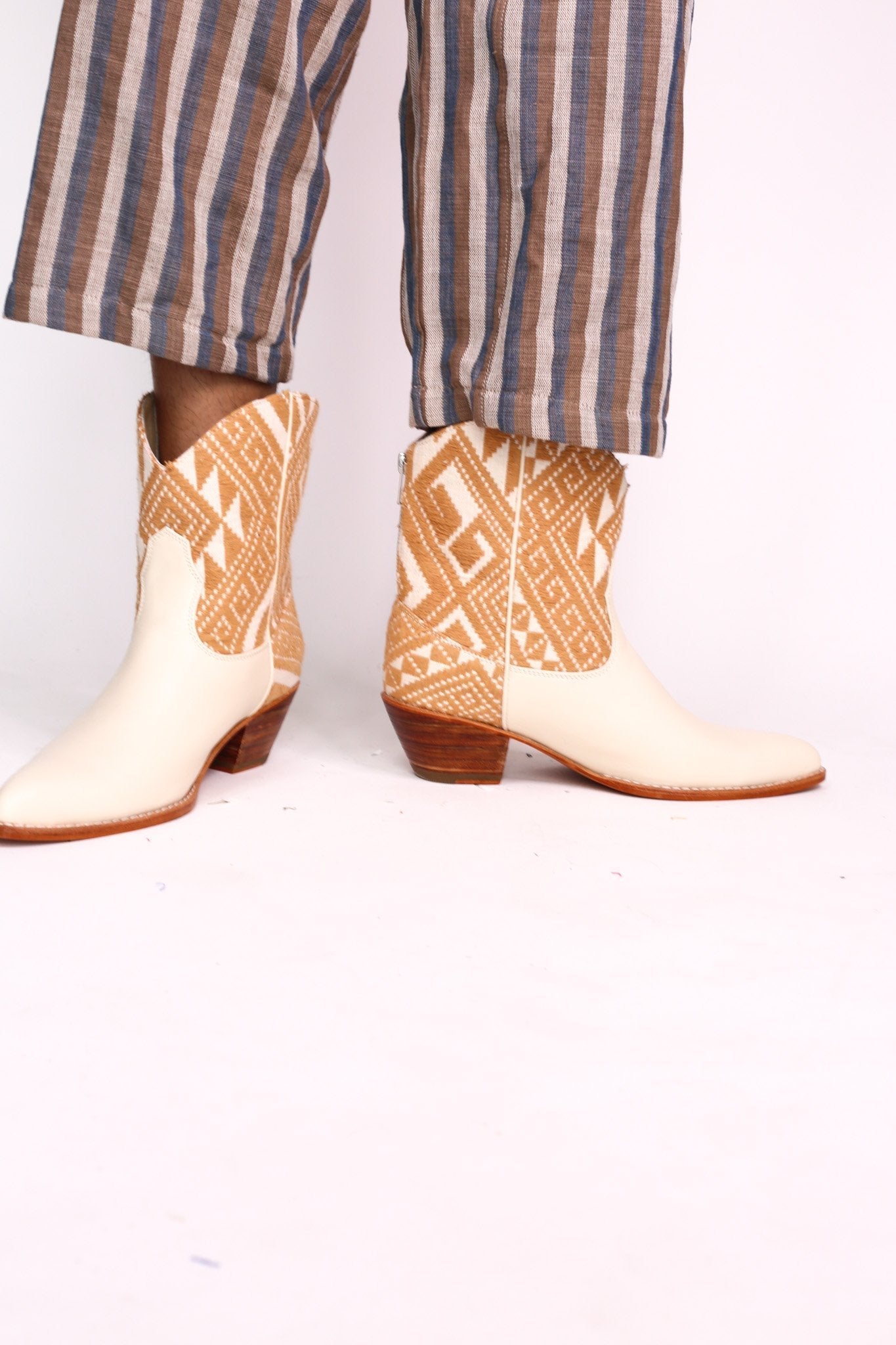 TRIBAL WOVEN LEATHER ANKLE BOOTS IVORY - sustainably made MOMO NEW YORK sustainable clothing, boots slow fashion