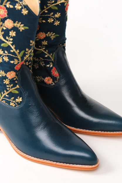 TURQUOISE LEATHER EMBROIDERED SILK BOOTS SONIA - sustainably made MOMO NEW YORK sustainable clothing, boots slow fashion