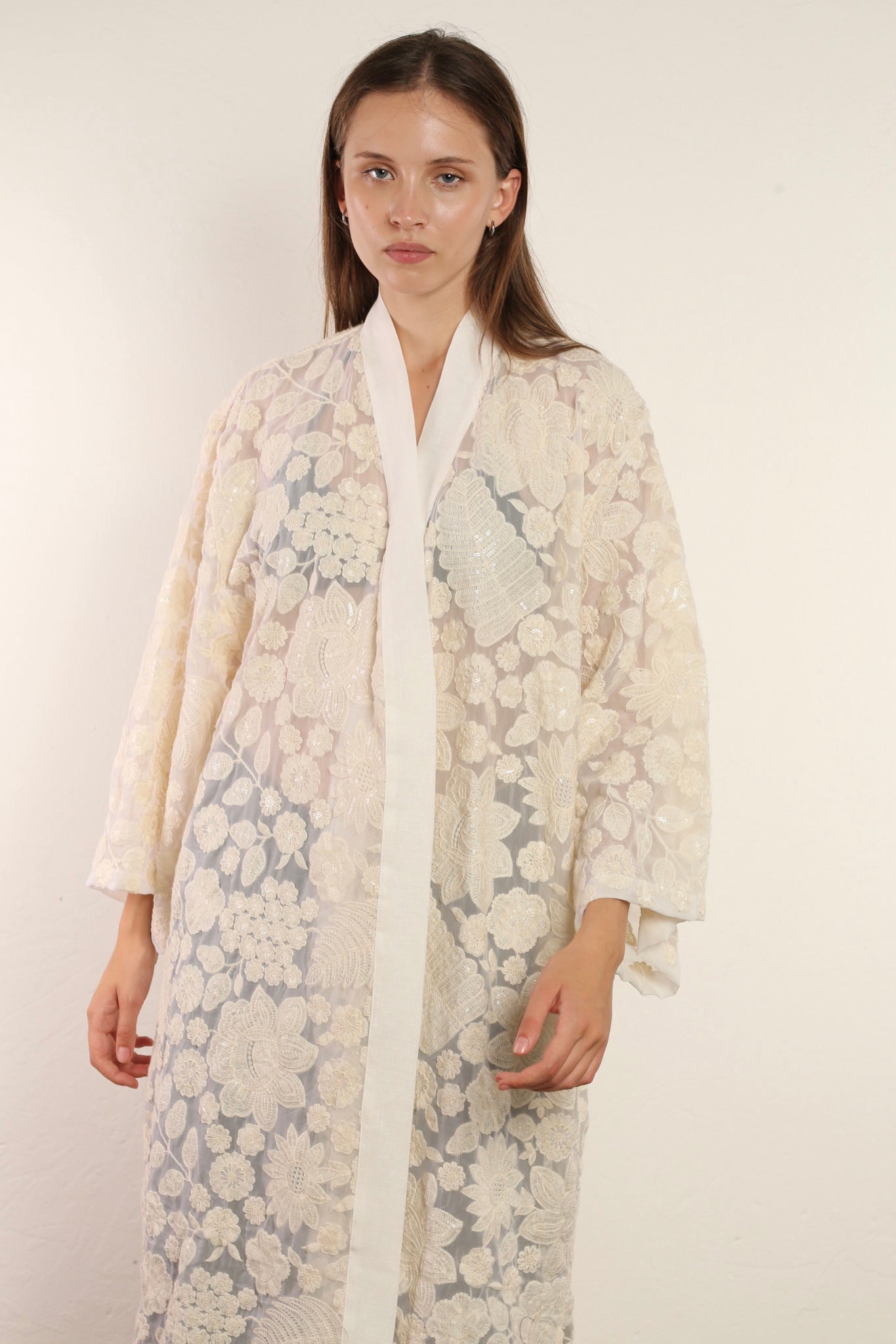 WHITE CREAM LACE FLOWER KIMONO - sustainably made MOMO NEW YORK sustainable clothing, kimono slow fashion