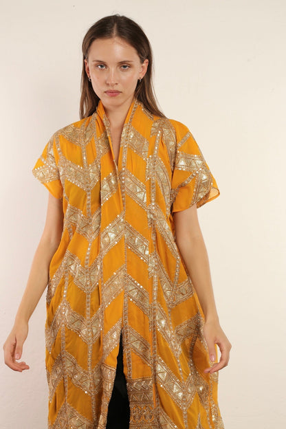 YELLOW GOLDEN SILK KIMONO UTE - sustainably made MOMO NEW YORK sustainable clothing, kimono slow fashion